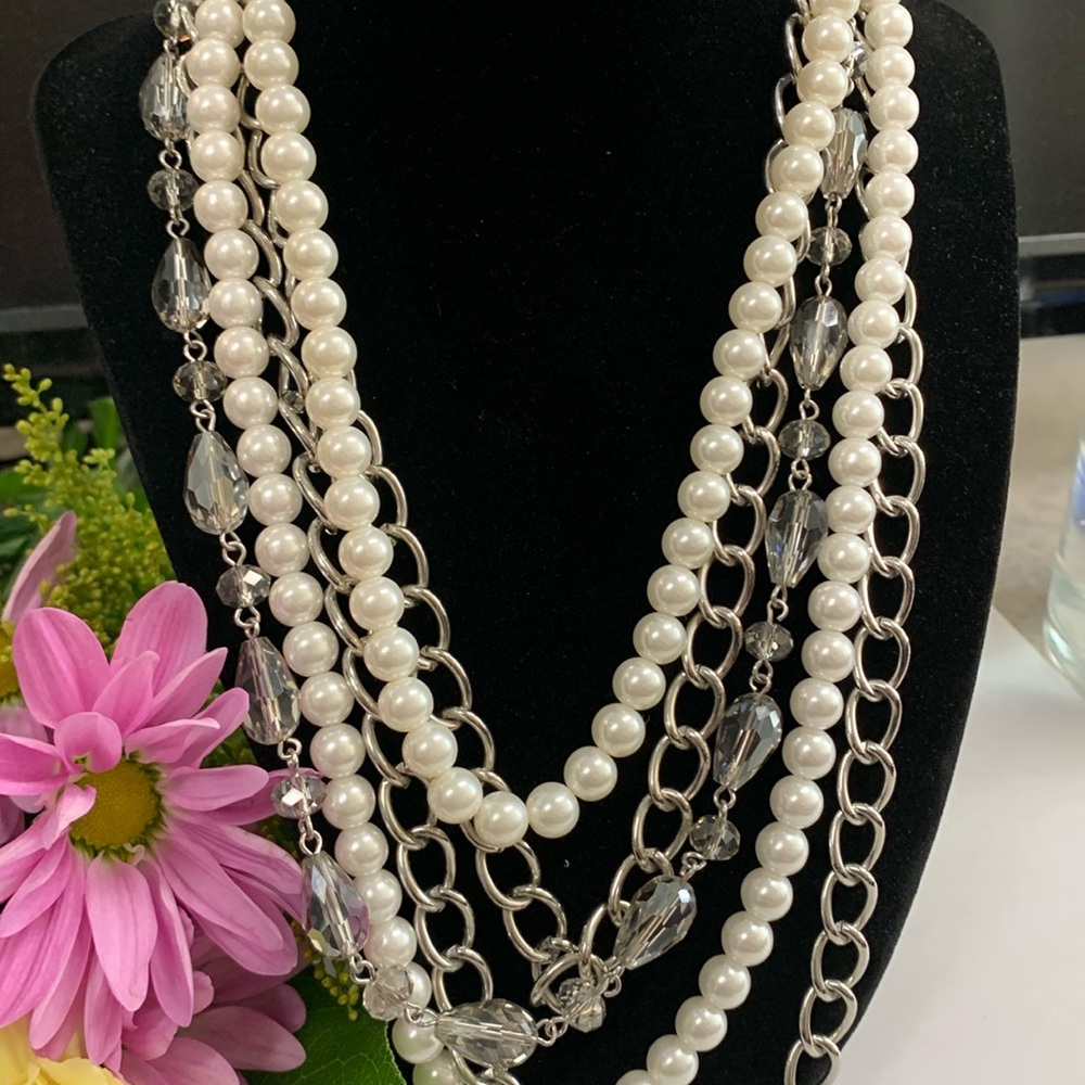 Statement Necklace Pearls & Silver Chains